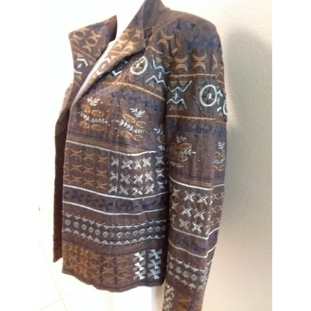 Coldwater Creek Blazer Jacket Brown Embroidered Beaded Tribal Size 14 Southwest